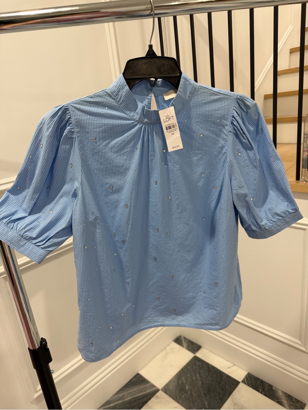 LOFT Light Blue Puff Sleeve Sparkle Blouse